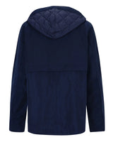 Marineblaue gesteppte Kapuzenjacke mit Reißverschluss und Kordelzug.