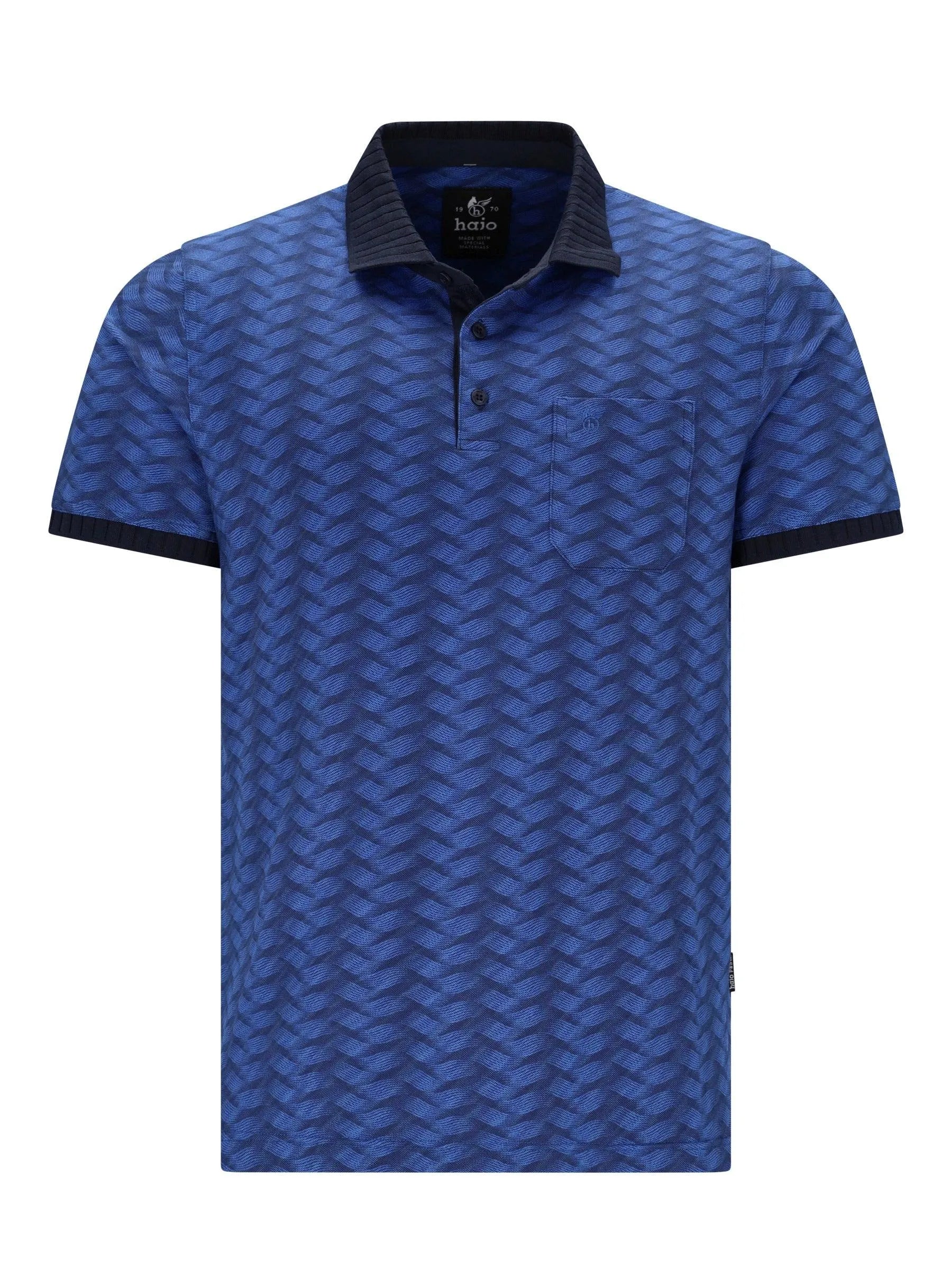 Pikee-Polo allover bedruckt in Stay-Fresh-Qualität, blau mit schwarzem Kragen