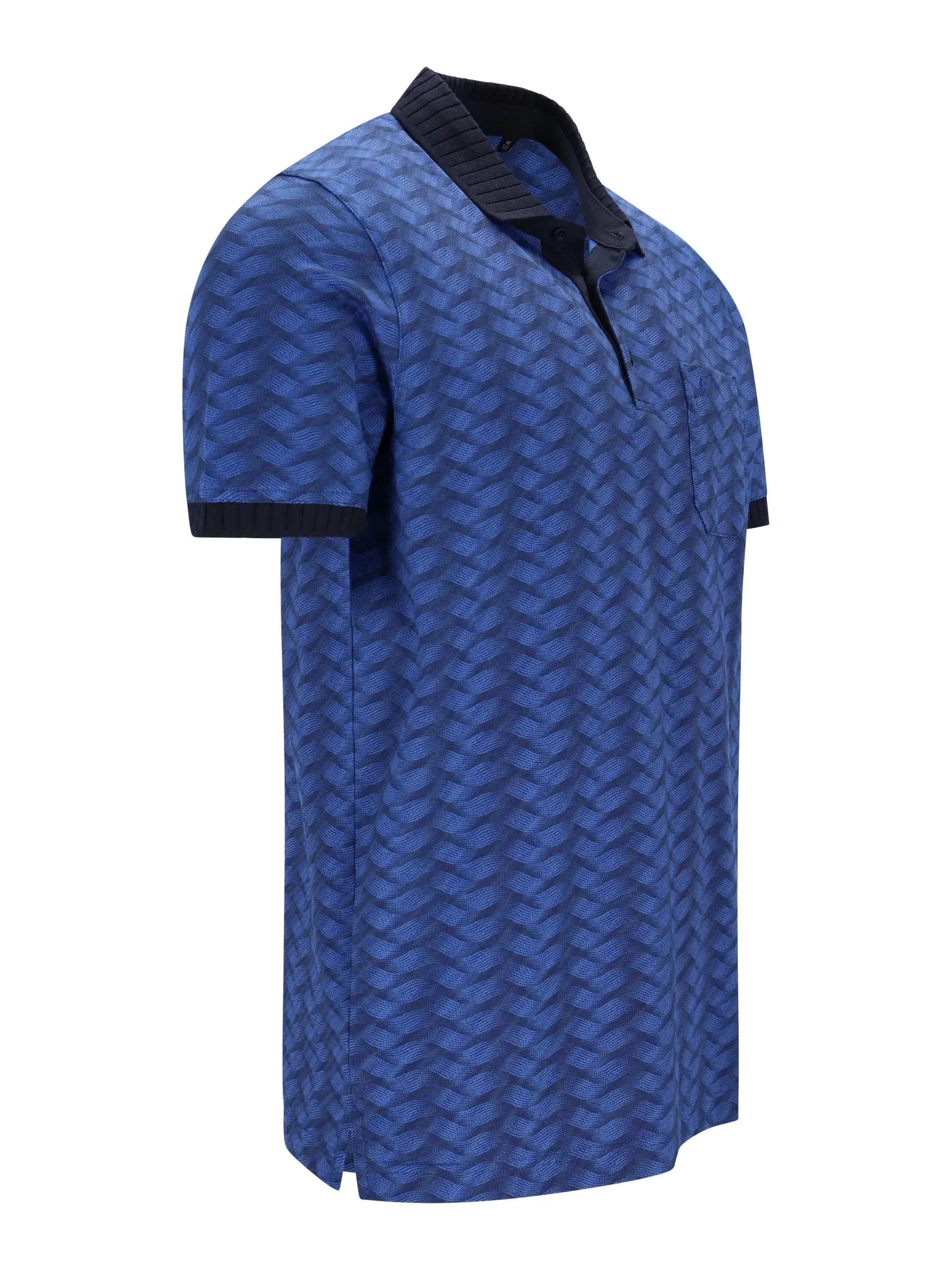 Pikee-Polo allover bedruckt in Stay-Fresh-Qualität, blau gemustert mit schwarzem Kragen und Bündchen