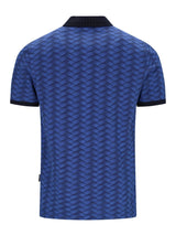 Blaue Pikee-Polo mit Allover-Bedruck in Stay Fresh-Qualität, schwarzer Kragen und Ärmelbesatz