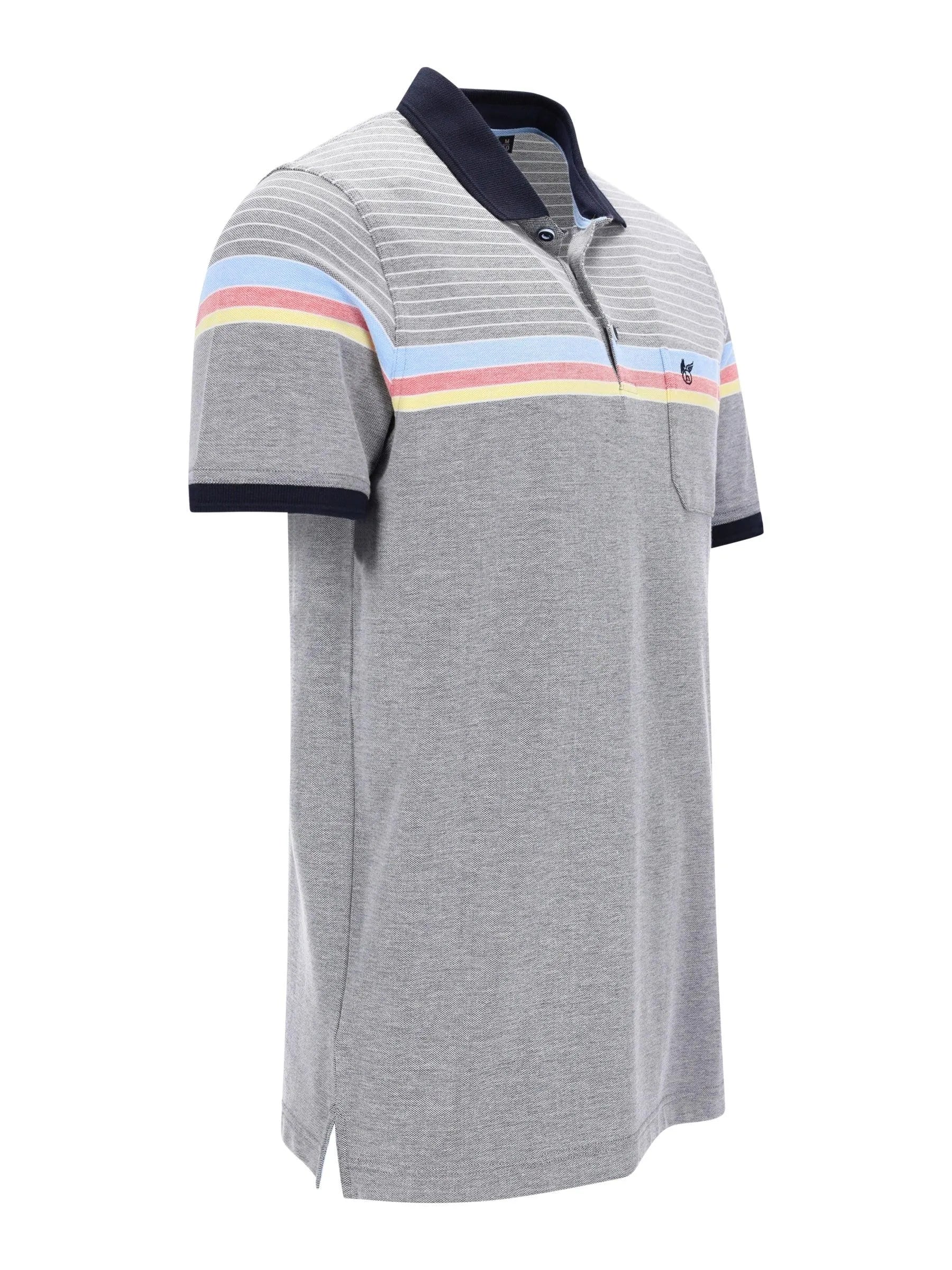 Graue Pikee-Polo Dessinmix mit navy Kragen, pastellgestreiften Schultern
