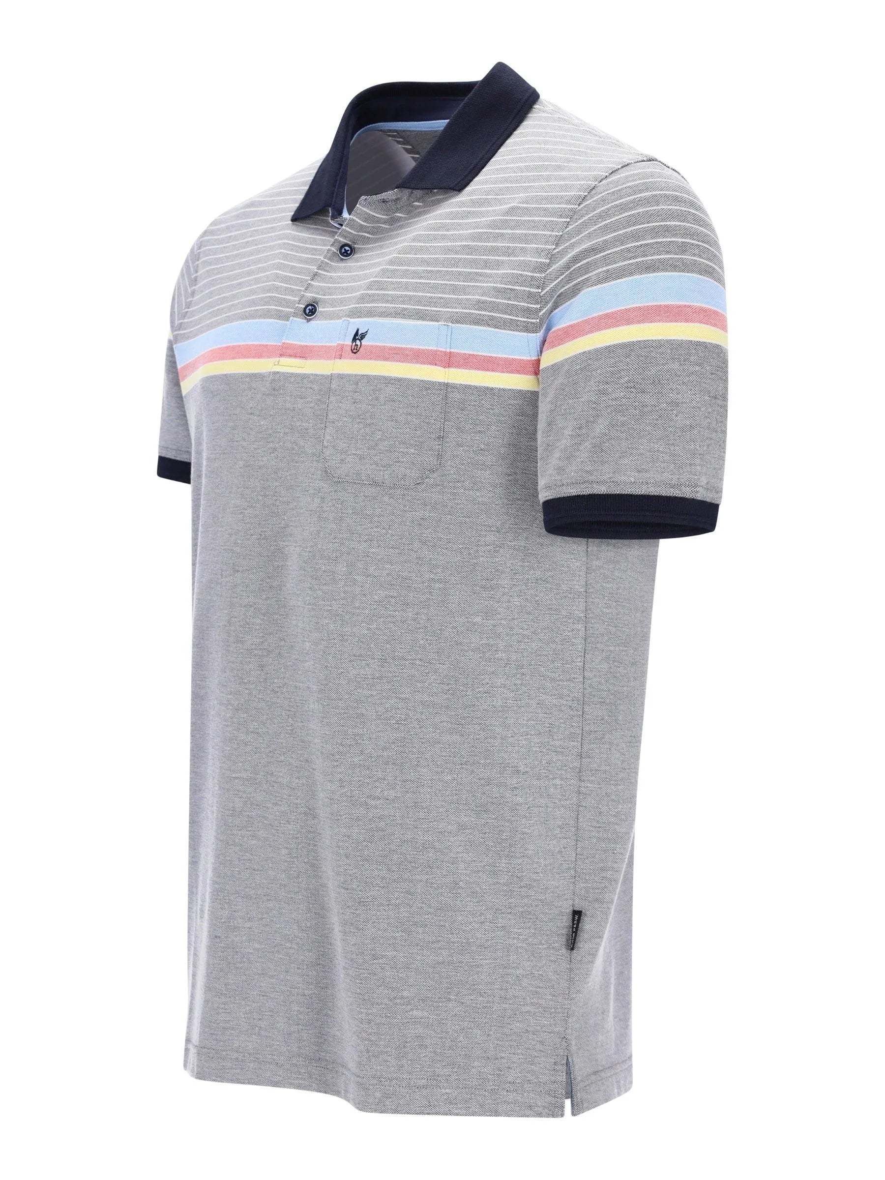 Graue Pikee-Polo Dessinmix mit Navy-Kragen, pastellfarbenem Streifen