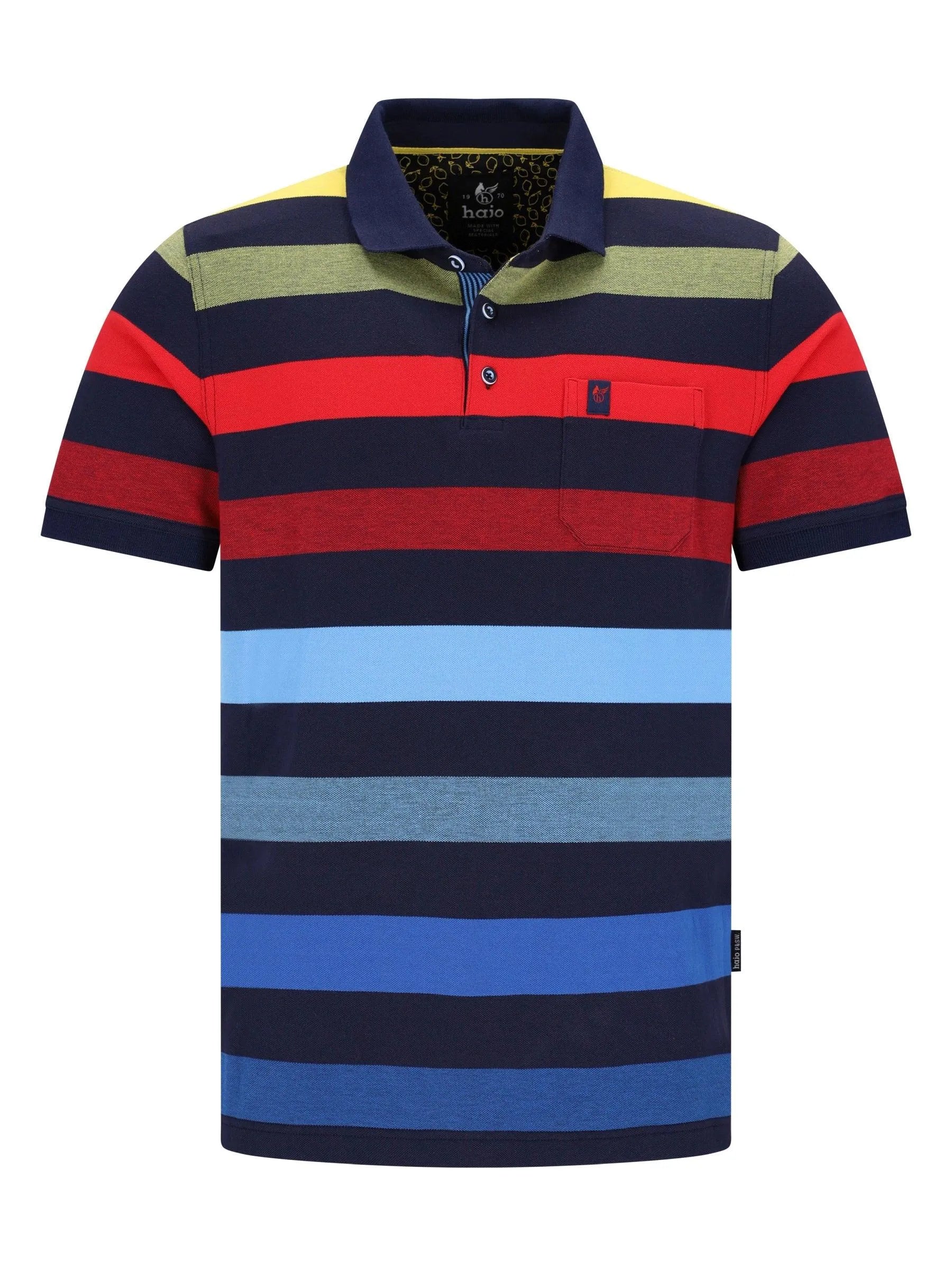 Pikee-Polo garngefärbt Blockringel allover, navy, rot, hellblau, oliv, gelber Kragen