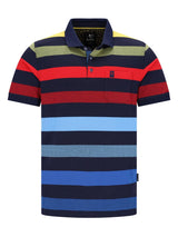 Pikee-Polo garngefärbt Blockringel allover, navy, rot, hellblau, oliv, gelber Kragen