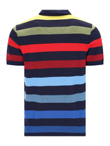Pikee-Polo garngefärbt Blockringel navy-blau rot hellblau gelber Kragen