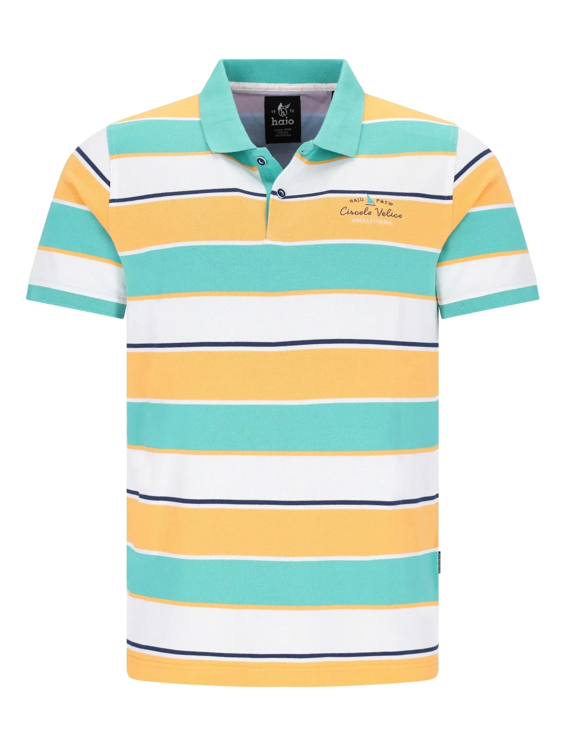 Bunter Pikee-Polo in Garngefärbtem Blockringeldessin allover, teal-gelb-weiß gestreift
