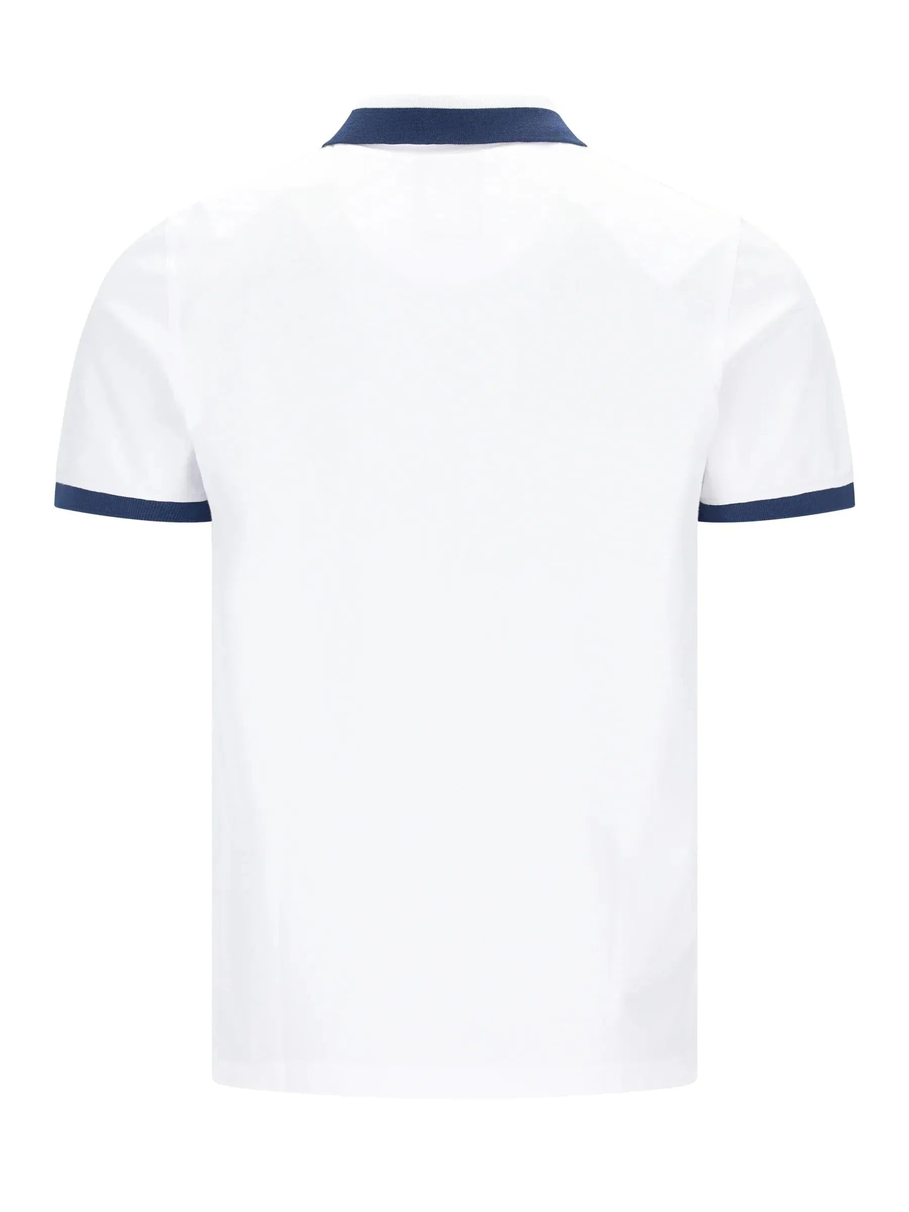 Weißes Pikee-Polohemd mit dezenter Bruststickerei, navyblauem Kragen und Manschetten in Stay-Fresh-Qualität