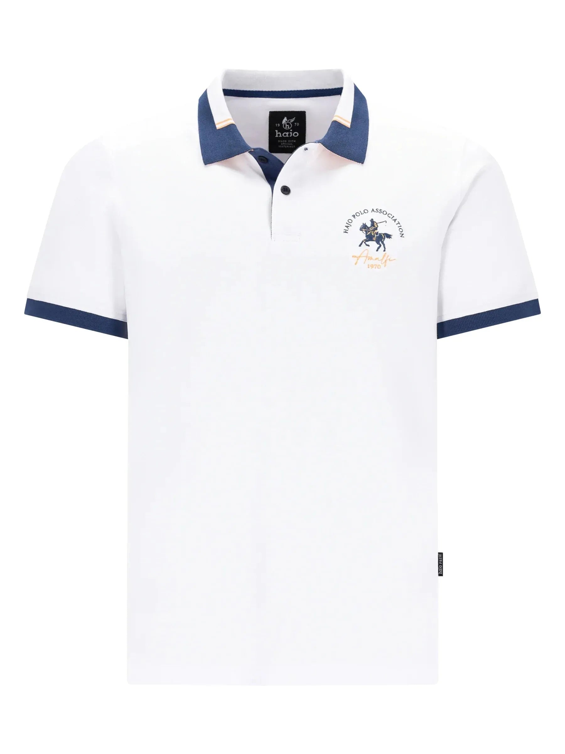 Weiße Pikee-Polo mit dezenter Pferdestickerei, navy Kragen und Ärmel, stay fresh