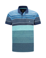Blau gestreiftes Poloshirt mit marineblauen Akzenten und einem Logo auf der Brust.
