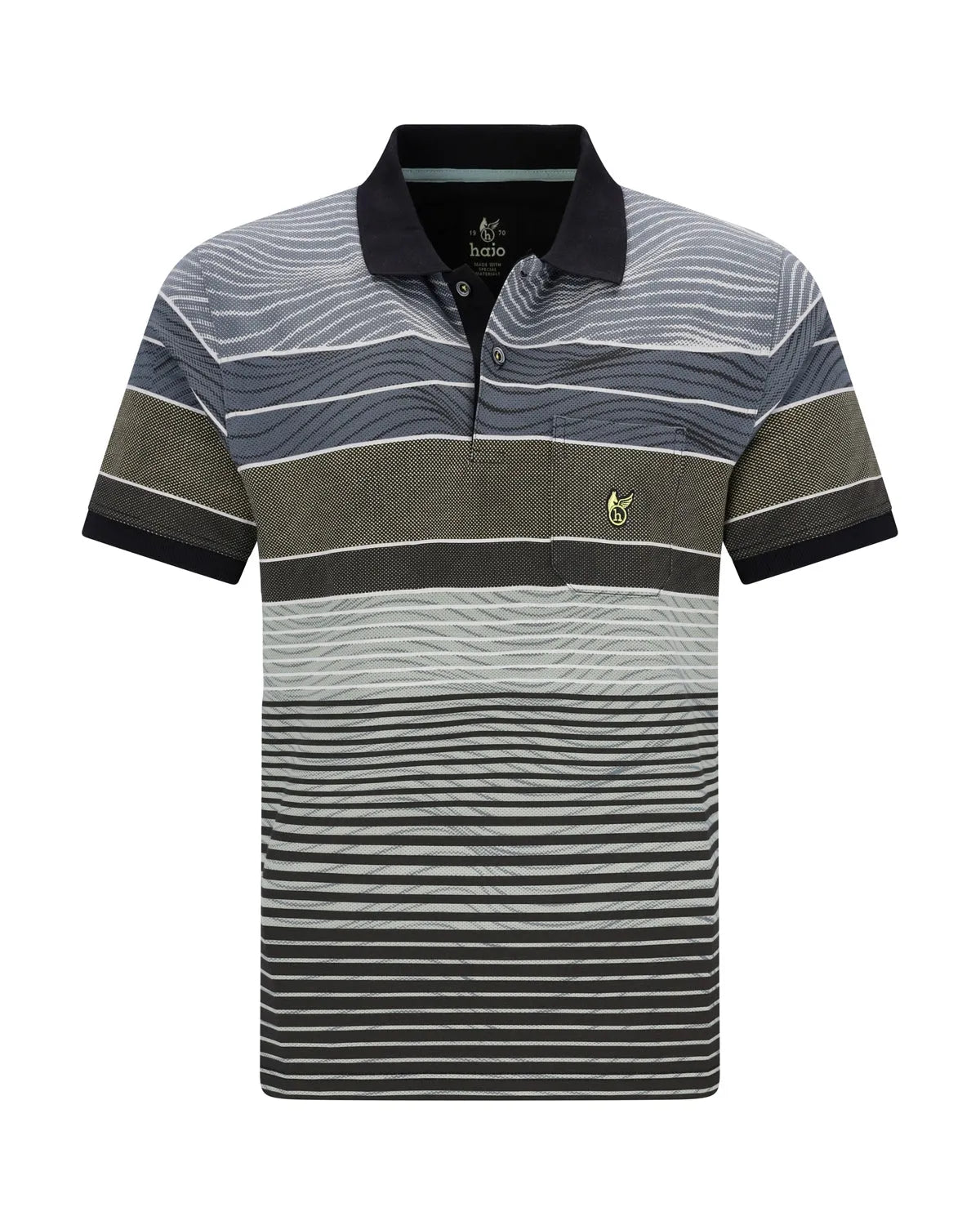 Schwarz-grau gestreiftes Poloshirt mit Fuchs-Logo.