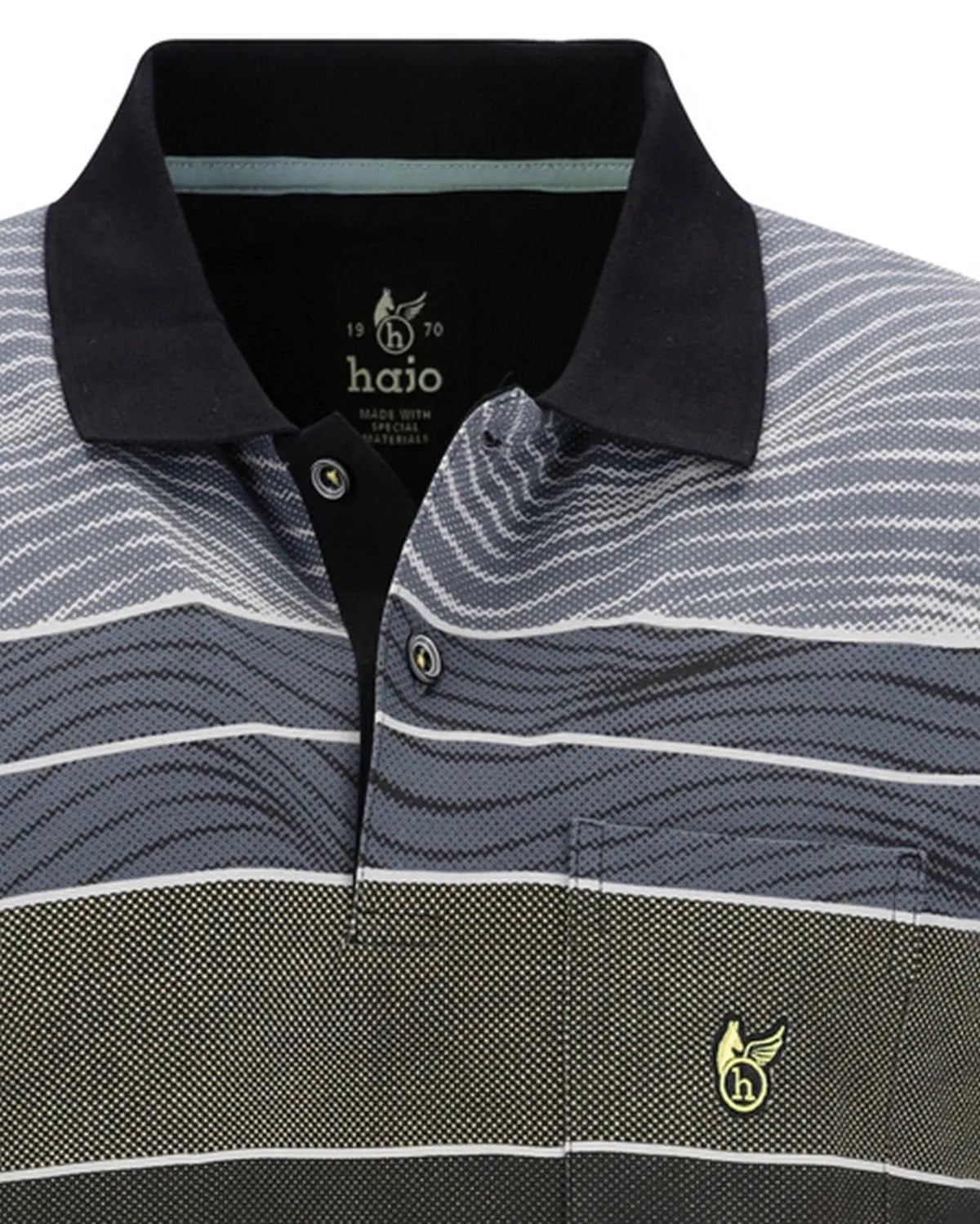 Halo-Poloshirt mit schwarz-grauem Streifenmuster und gewebtem Design.