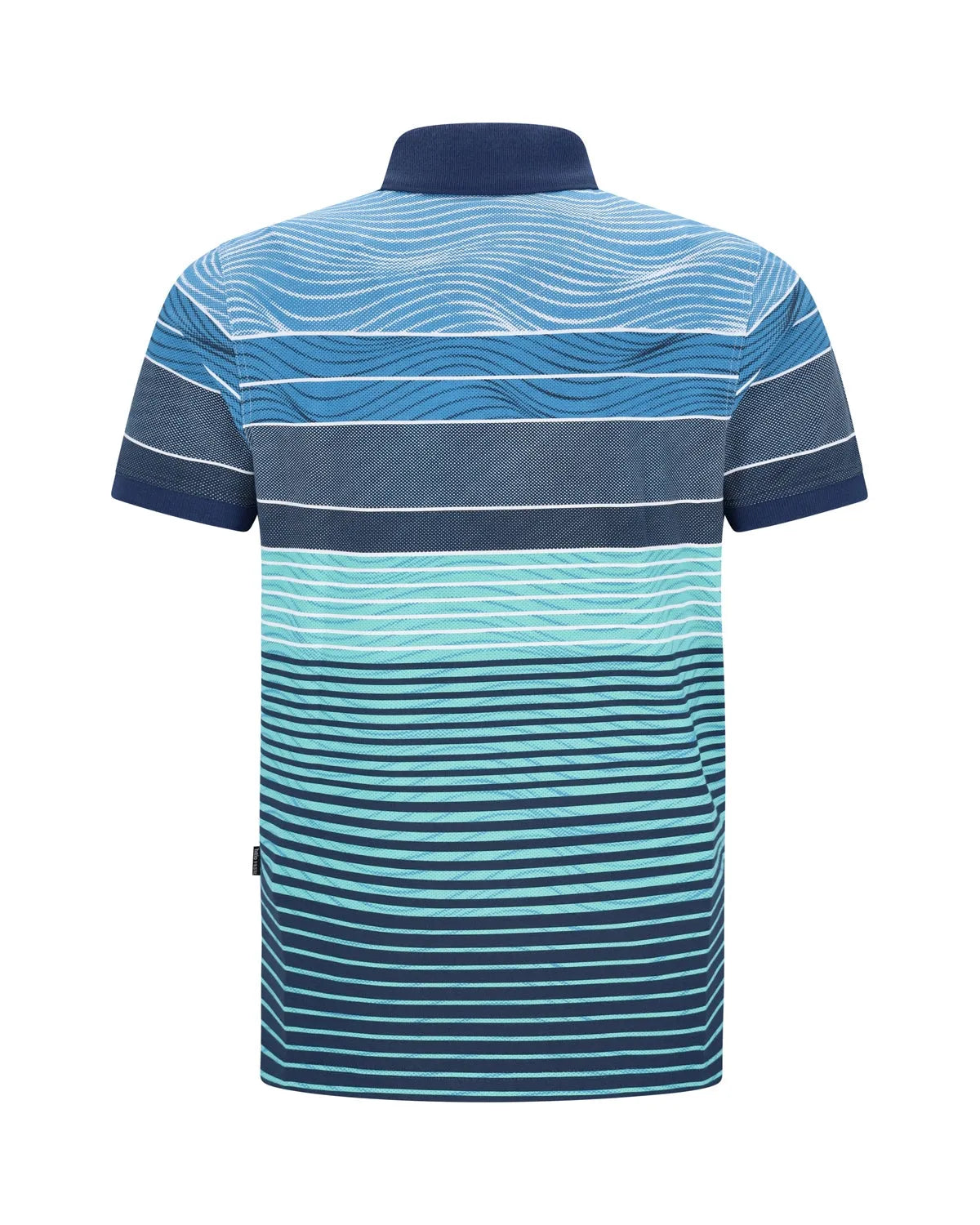Blaues und blaugrün gestreiftes Poloshirt mit Wellenmuster, kurze Ärmel, Button-Down-Kragen.
