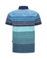 Blaues und blaugrün gestreiftes Poloshirt mit Wellenmuster, kurze Ärmel, Button-Down-Kragen.