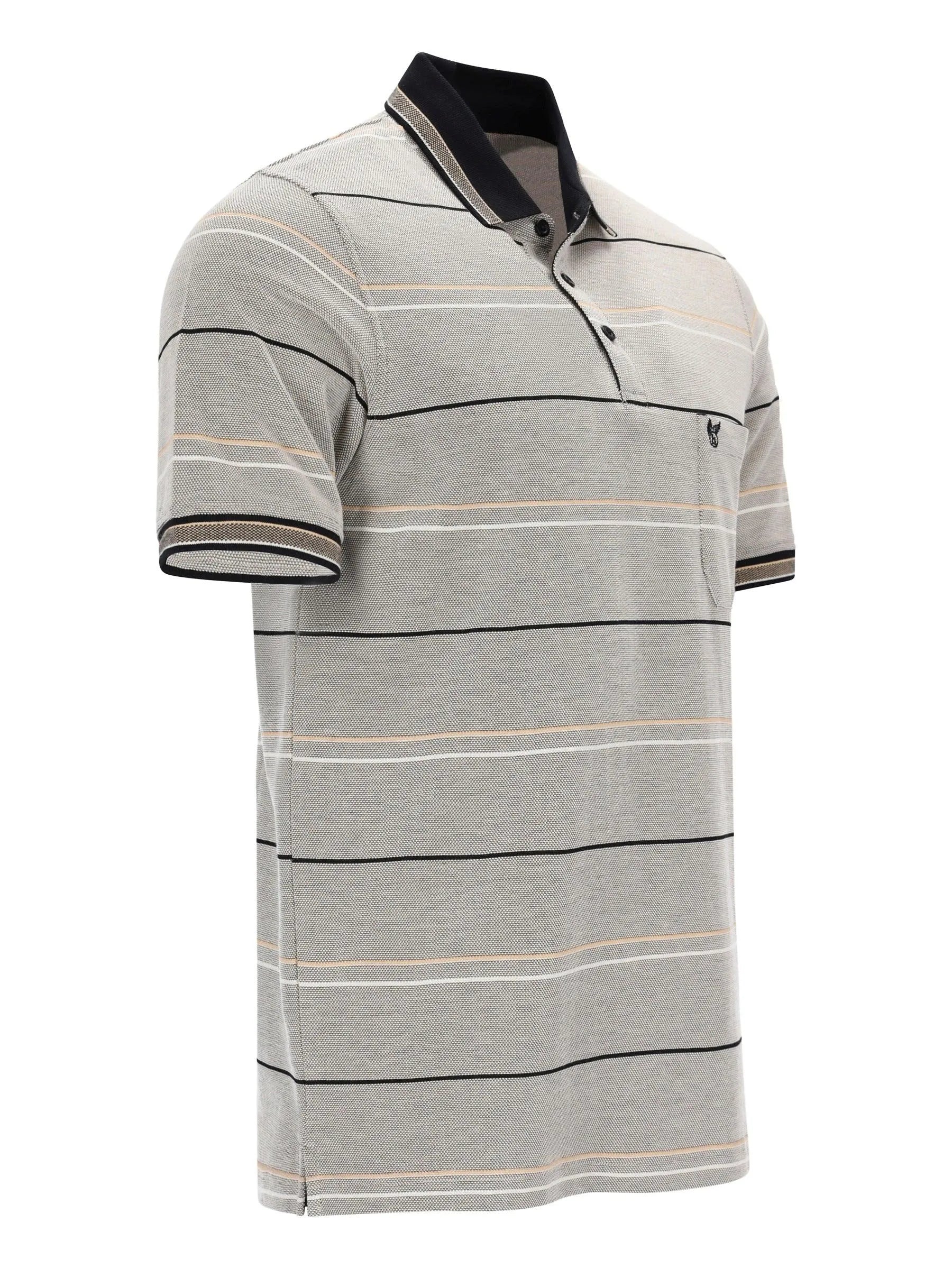 Grau-schwarzes gestreiftes Pikee-Poloshirt mit navy Kragen
