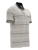 Grau-schwarzes gestreiftes Pikee-Poloshirt mit navy Kragen