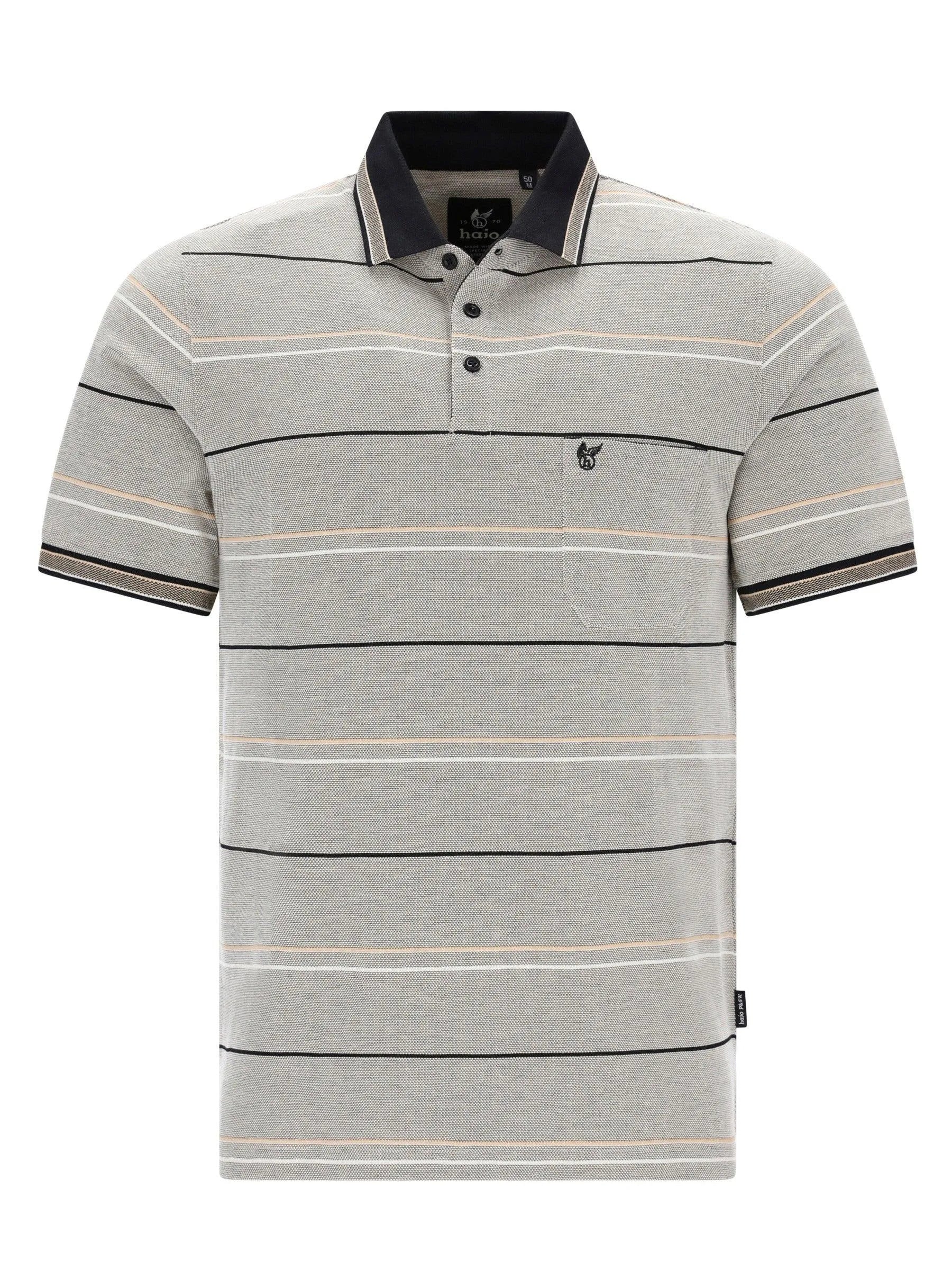 Grauer gestreifter Pikee-Poloshirt mit Dreitonoptik, Navy-Kragen und Garnfarbstreifen