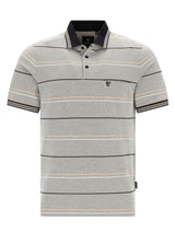 Grauer gestreifter Pikee-Poloshirt mit Dreitonoptik, Navy-Kragen und Garnfarbstreifen