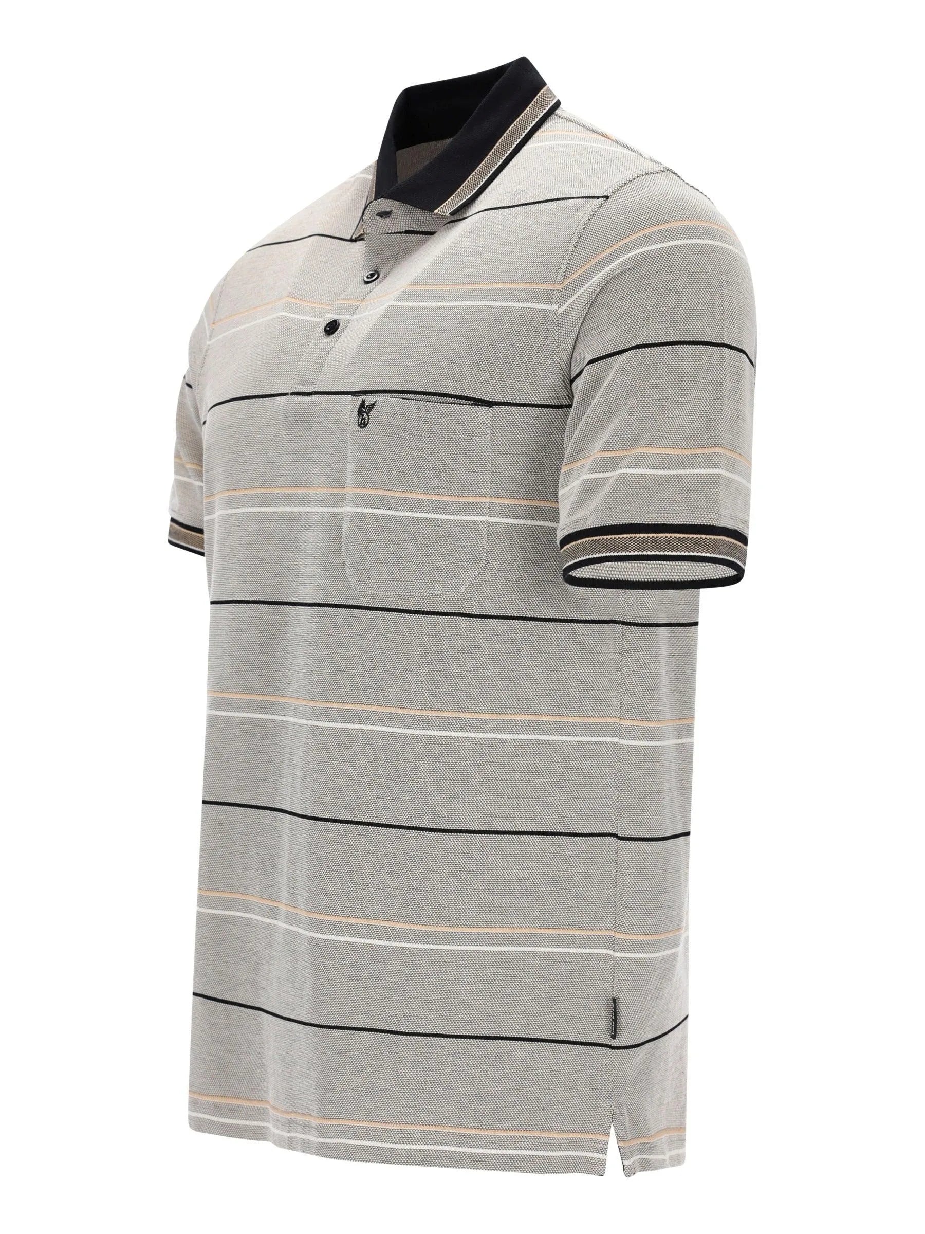 Grau-schwarzes Pikee-Poloshirt mit Dreitonoptik, garngefärbten Streifen