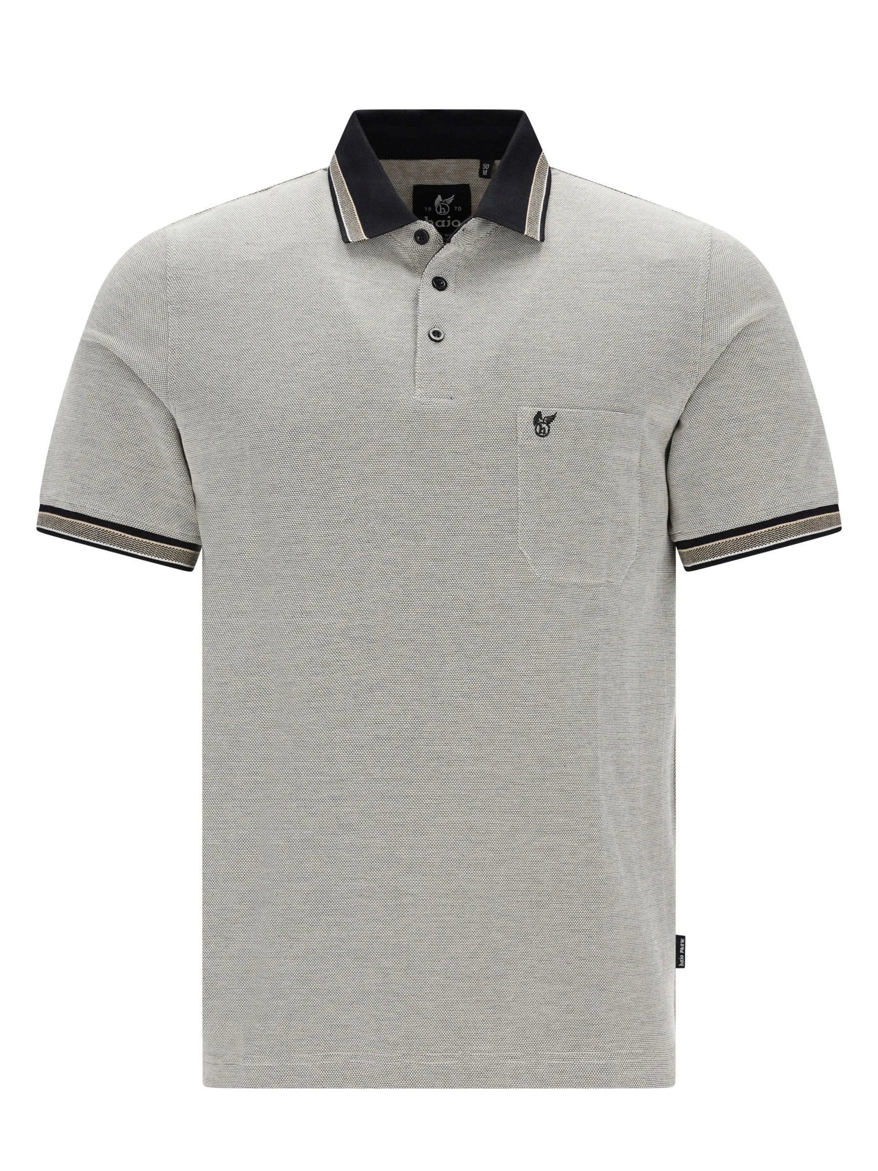 Grauer Dreitonoptik-Poloshirt Pikee mit Borte und Stickerei