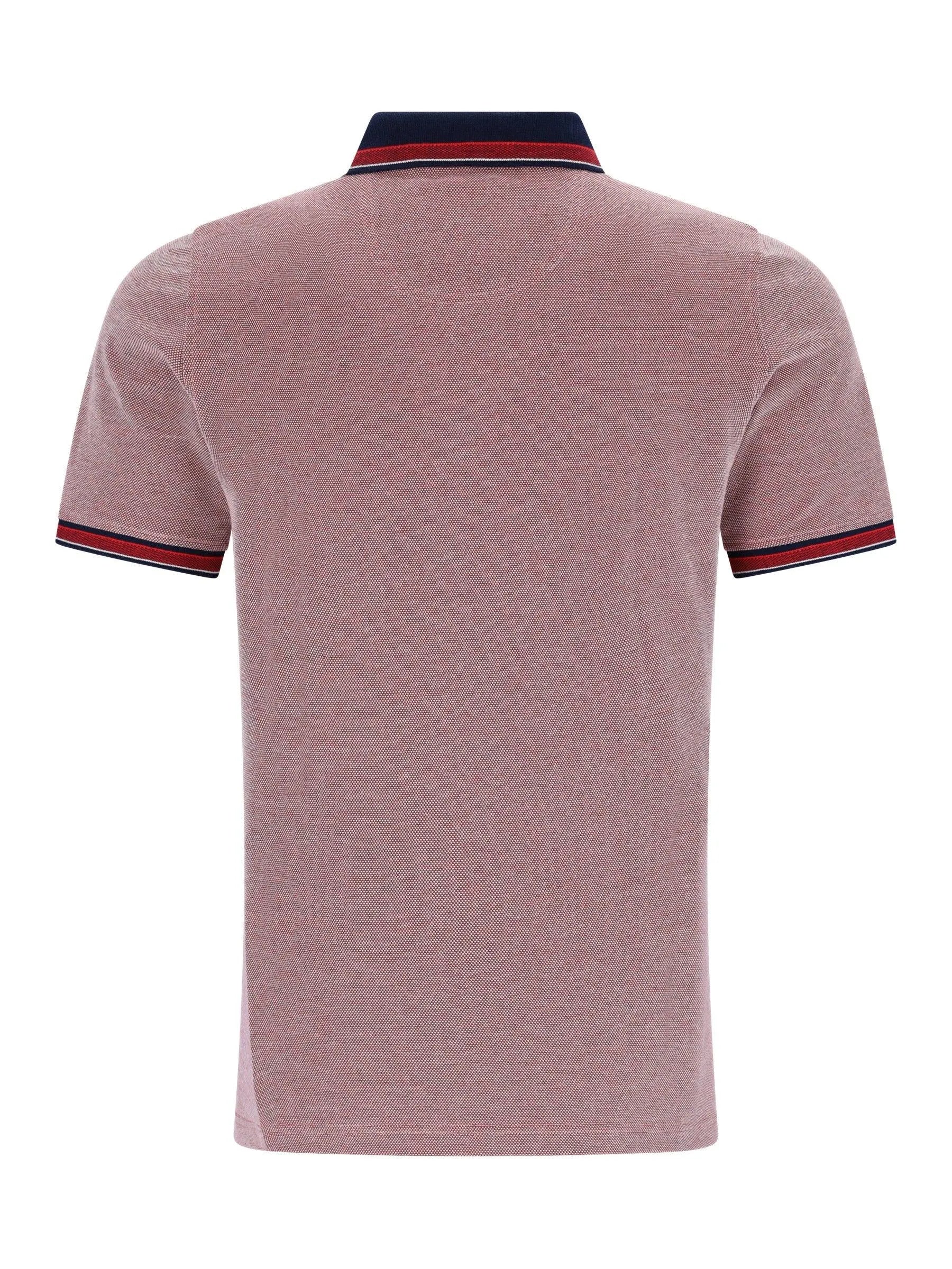 Pikee-Poloshirt in Dreitonoptik: dustrosafarbener Poloshirt mit gestricktem Dreitonstoff, Marine-Navy-Rot-Streifen am Kragen und Ärmelbündchen