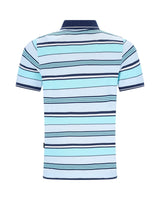Blau-weiß gestreiftes Poloshirt mit marineblauen Akzenten, kurze Ärmel.