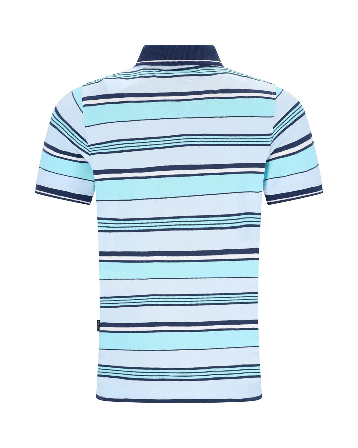Blau-weiß gestreiftes Poloshirt mit marineblauen Akzenten, kurze Ärmel.