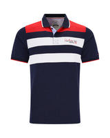 Marineblaues Poloshirt mit roten und weißen Streifen, gesticktes Logo auf der Brust.