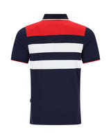 Marineblaues Poloshirt mit roten und weißen Streifen, kurzen Ärmeln, Kragen und Knopfleiste.
