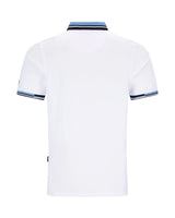 Weißes Poloshirt mit blauem und schwarzem Besatz, kurzen Ärmeln, Kragen und Knopfleiste.