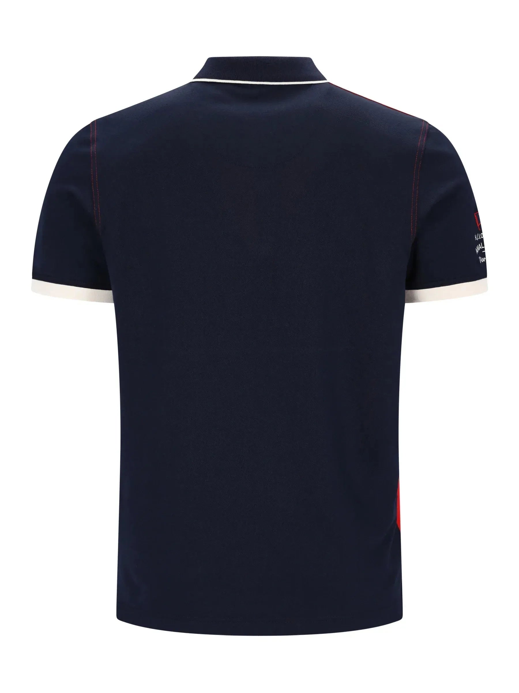 Marineblaues Pikee-Poloshirt mit Flächenteiler, weißem Saum, roter Naht