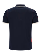Marineblaues Pikee-Poloshirt mit Flächenteiler, weißem Saum, roter Naht