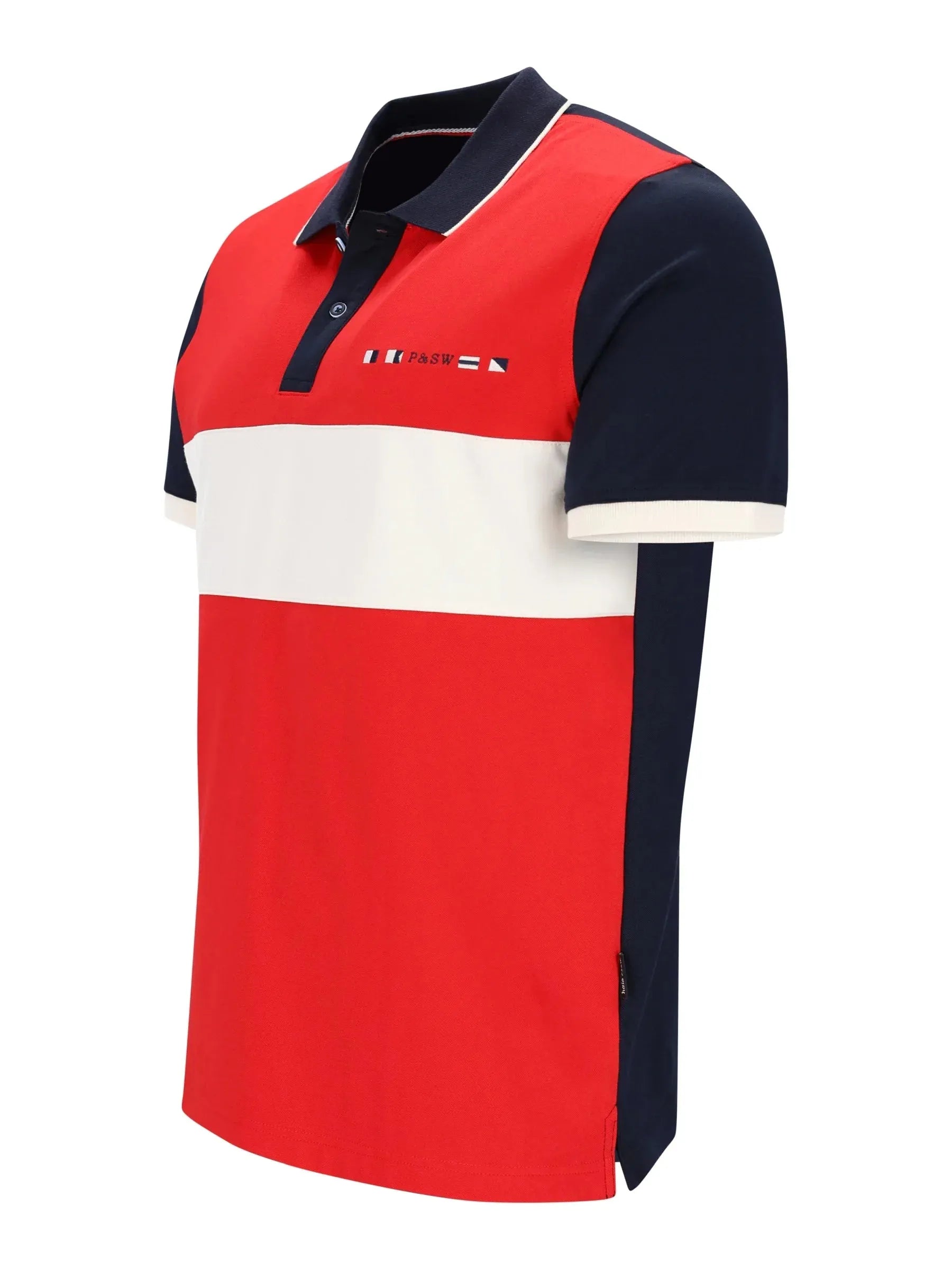 Roter, marineblauer und weisser Pikee-Poloshirt mit Flächenteiler und Logo