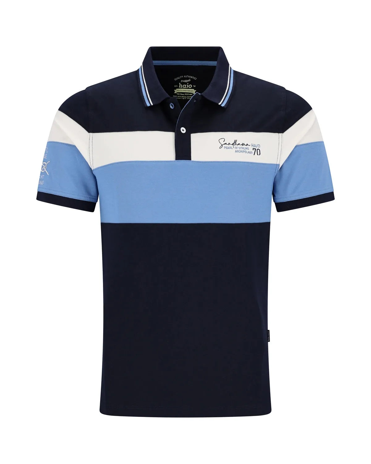 Marineblaues Poloshirt mit hellblauen und weißen Streifen, gesticktes Logo auf der Brust.