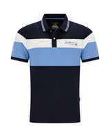 Marineblaues Poloshirt mit hellblauen und weißen Streifen, gesticktes Logo auf der Brust.