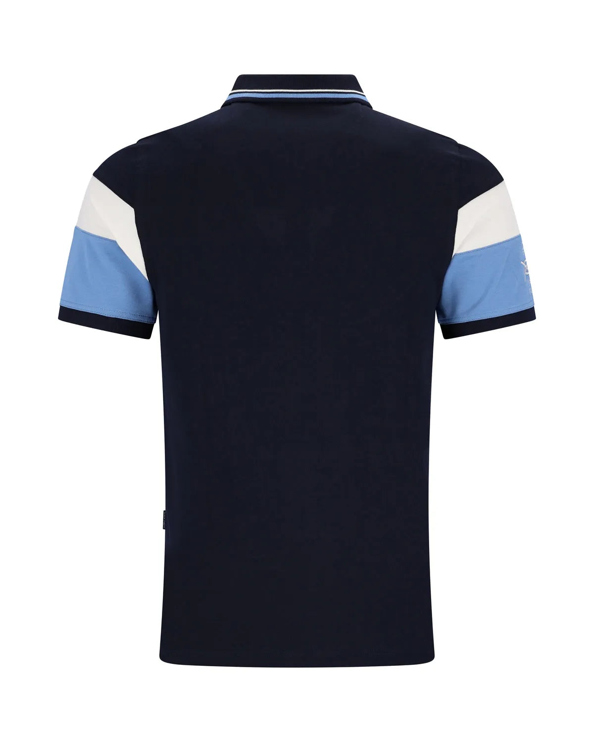 Marineblaues Poloshirt mit weißen und hellblauen Streifen, kurze Ärmel, Kragen, Knopfleiste.