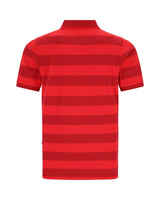 Rot gestreiftes Poloshirt mit kurzen Ärmeln und Kragen, wahrscheinlich aus Baumwolle oder Polyestergemisch.