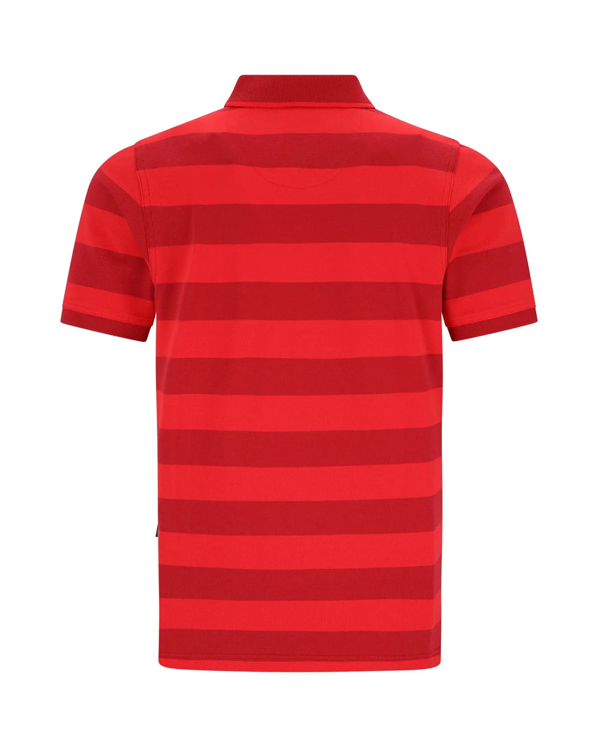 Rot gestreiftes Poloshirt mit kurzen Ärmeln und Kragen, wahrscheinlich aus Baumwolle oder Polyestergemisch.