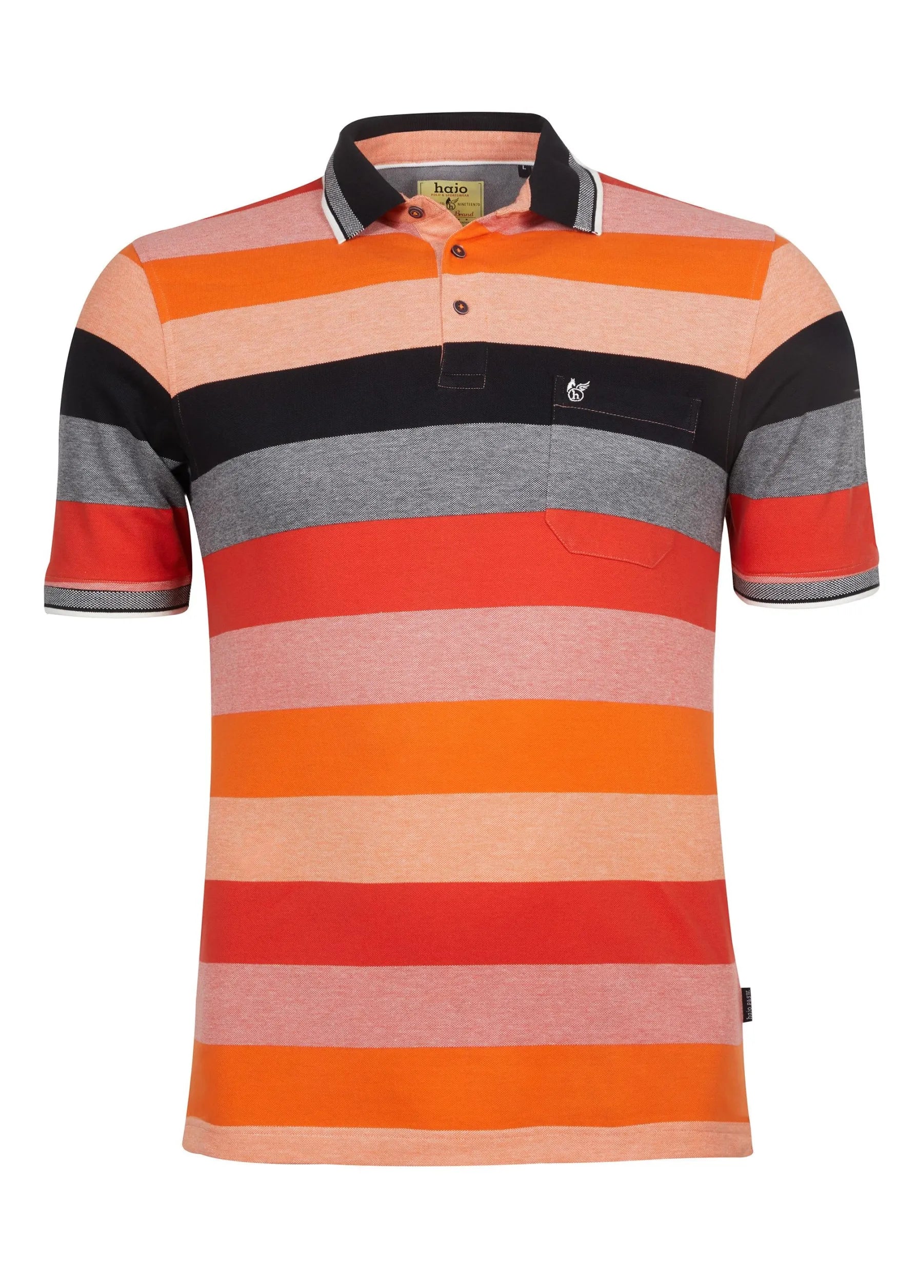 Gestreiftes Herren-Poloshirt von Hugo Boss mit orangen, roten und schwarzen Streifen.
