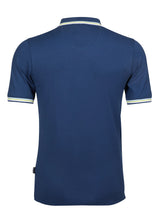 Marineblaues Poloshirt mit weißem Besatz und Kragen, aus Baumwolle.