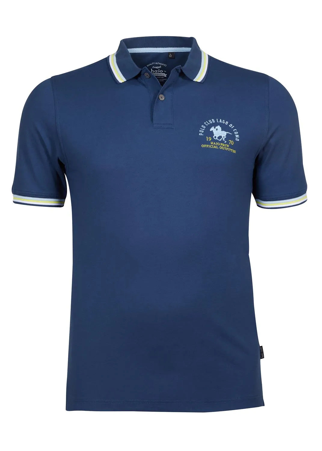 Marineblaues Polohemd mit weißem Rand und Logo-Design, möglicherweise von Ralph Lauren.
