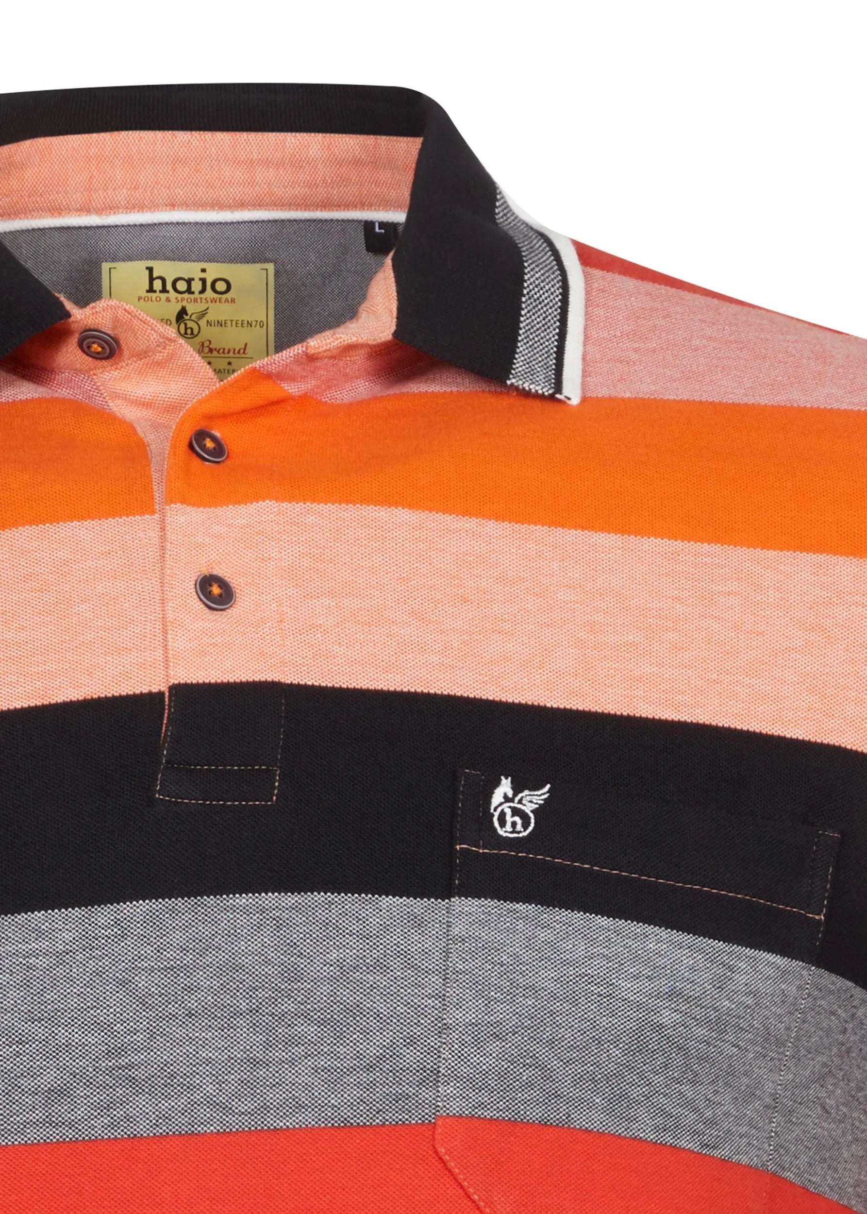Orange und grau gestreiftes Poloshirt mit schwarzen Knöpfen, aus Baumwolle.