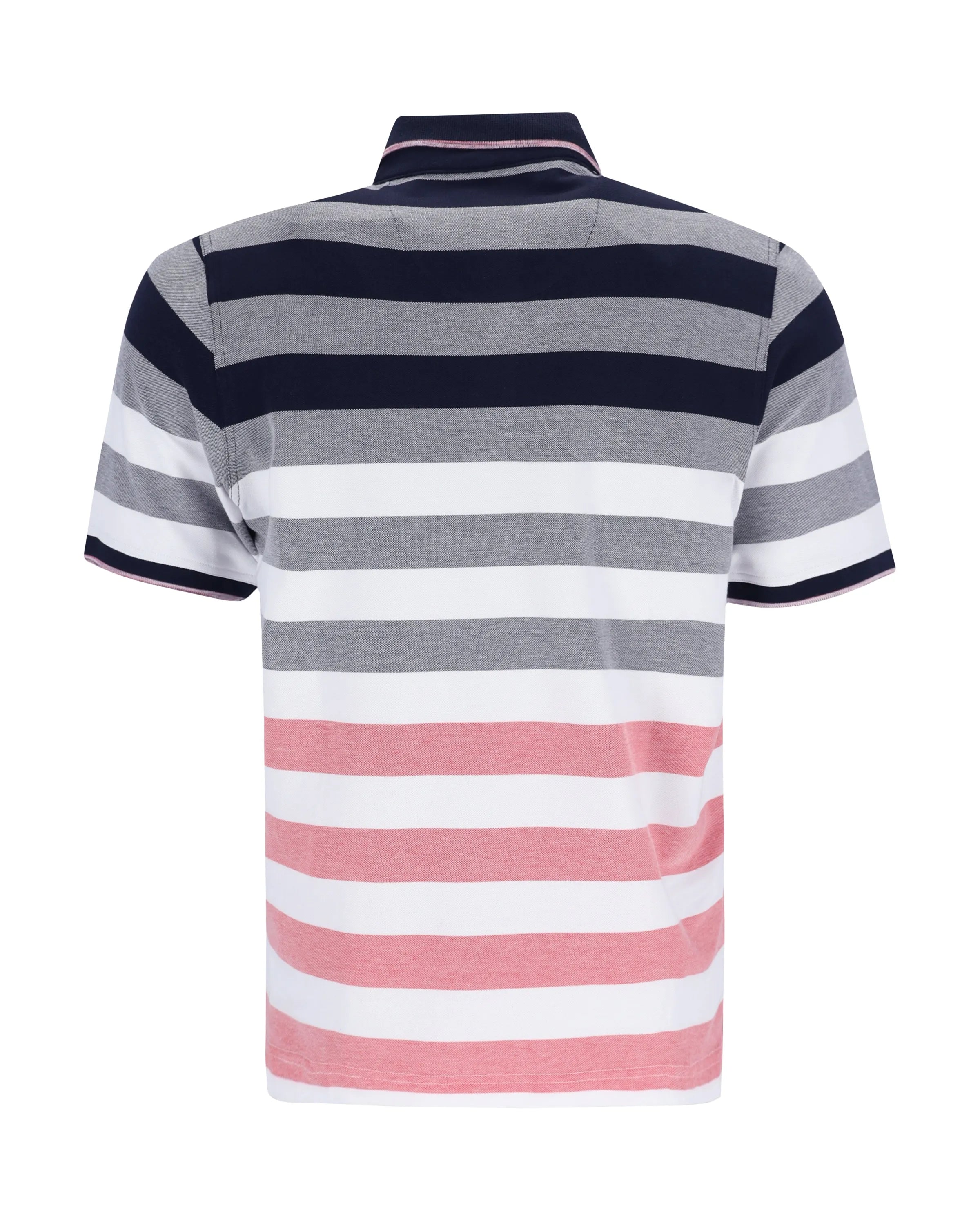 Gestreiftes Poloshirt mit marineblauen, rosa und weißen Streifen auf einem Baumwollstoff.