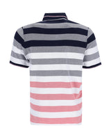 Gestreiftes Poloshirt mit marineblauen, rosa und weißen Streifen auf einem Baumwollstoff.