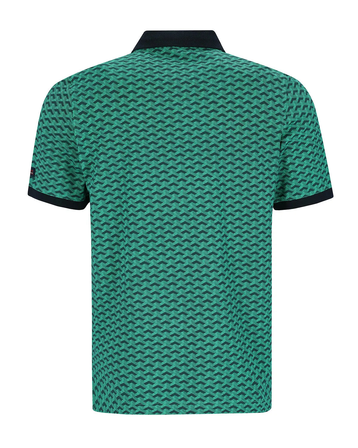 Grünes Poloshirt mit Wellenmuster, schwarzem Besatz und Kragen, wahrscheinlich aus Baumwolle oder Polyestergemisch.