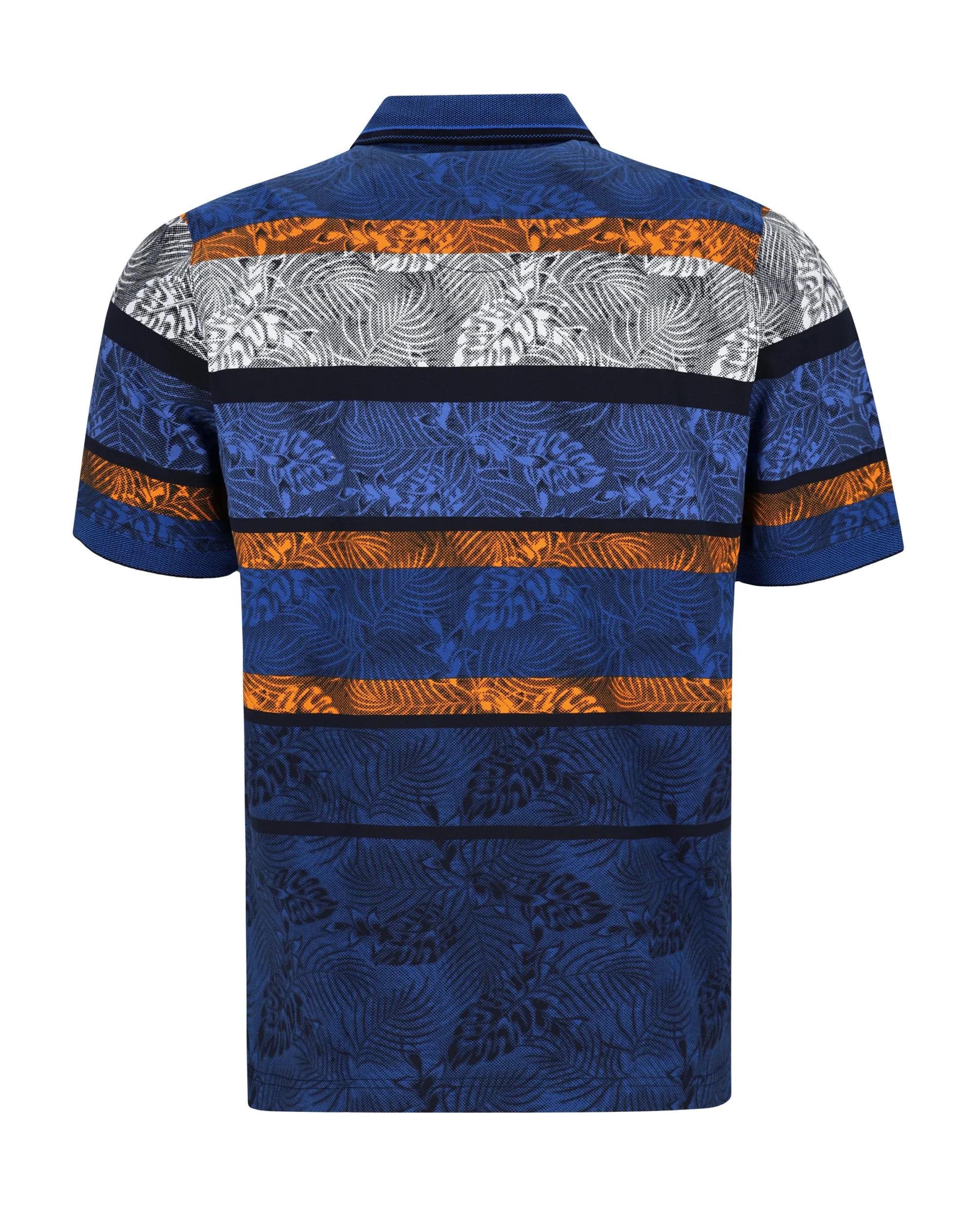 Blaues Kurzarmhemd mit tropischem Druck und orangefarbenen und silbernen Akzenten.