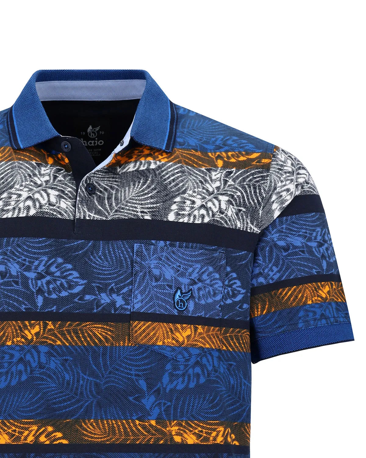 Blau und orange gestreiftes Poloshirt mit Blumenmuster, aus Baumwolle.