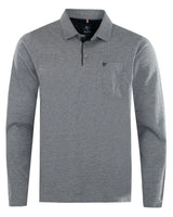 Graues langärmeliges Poloshirt mit kleinem Muster und Logo auf der linken Brust.