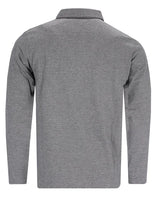 Graues Poloshirt mit Fischgrätenmuster, langen Ärmeln und Kragen.