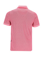 Rosa gesprenkeltes Poloshirt mit kontrastierender Spitze und Kragen, möglicherweise von Tommy Hilfiger.