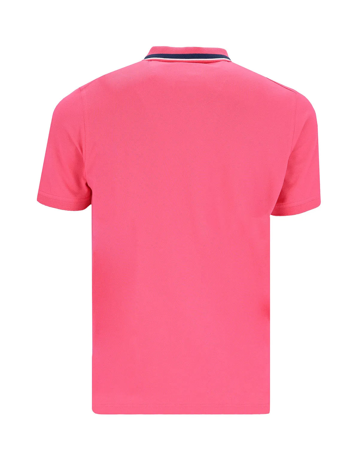 Neonpinkfarbenes Poloshirt mit marineblauem und weißem Besatz, kurze Ärmel, Kragenausschnitt.
